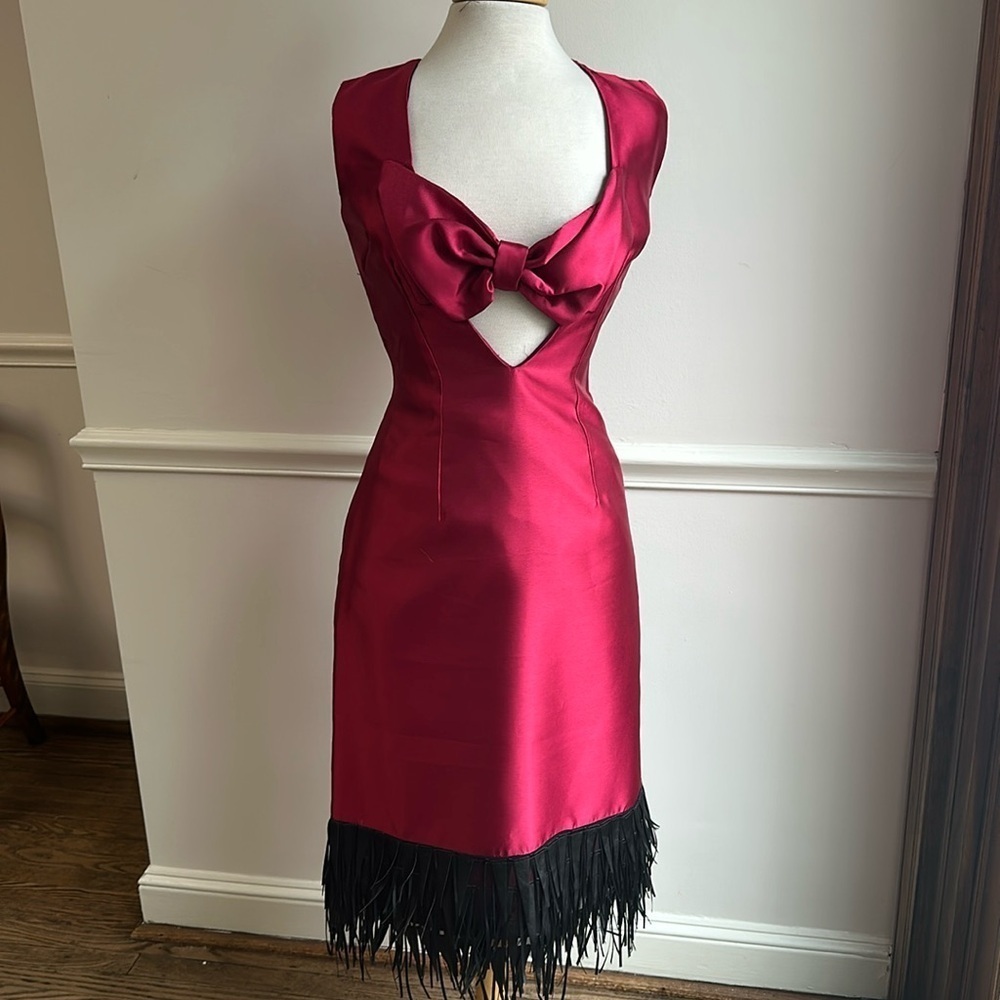 Designer Sample Cocktail Dress Red Silk Sleeveless Leather Fringe Size 6 NWOT